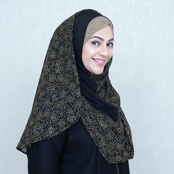 GOLD SILVER STARS ON BLACK - CHIFFON