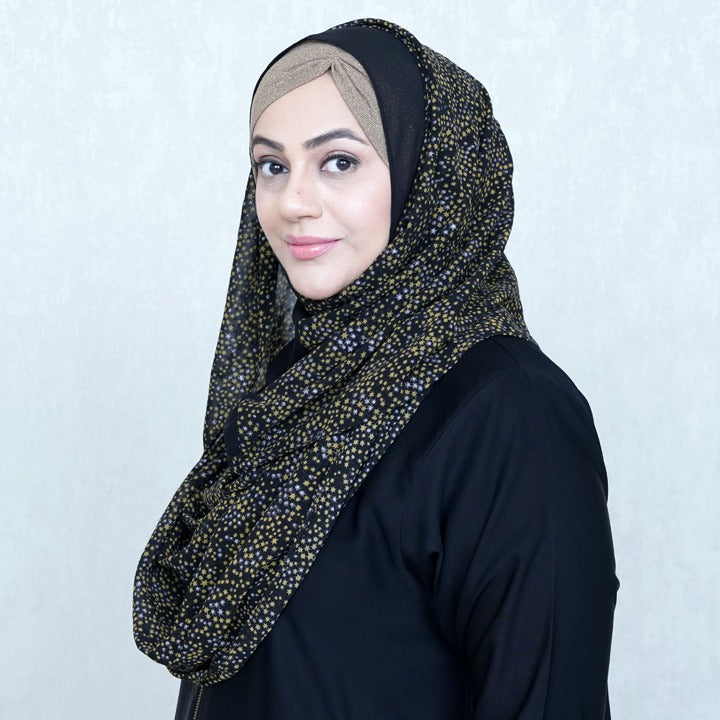 GOLD SILVER STARS ON BLACK - CHIFFON